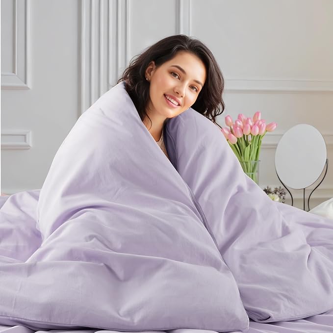 NEXHOME PRO Queen Duvet Cover Set, 100% Washed Cotton with Linen-Like Texture, Natural Organic, Breathable & Comfortable, Includes Home Bedding Set Lilac (No Comforter) 9090