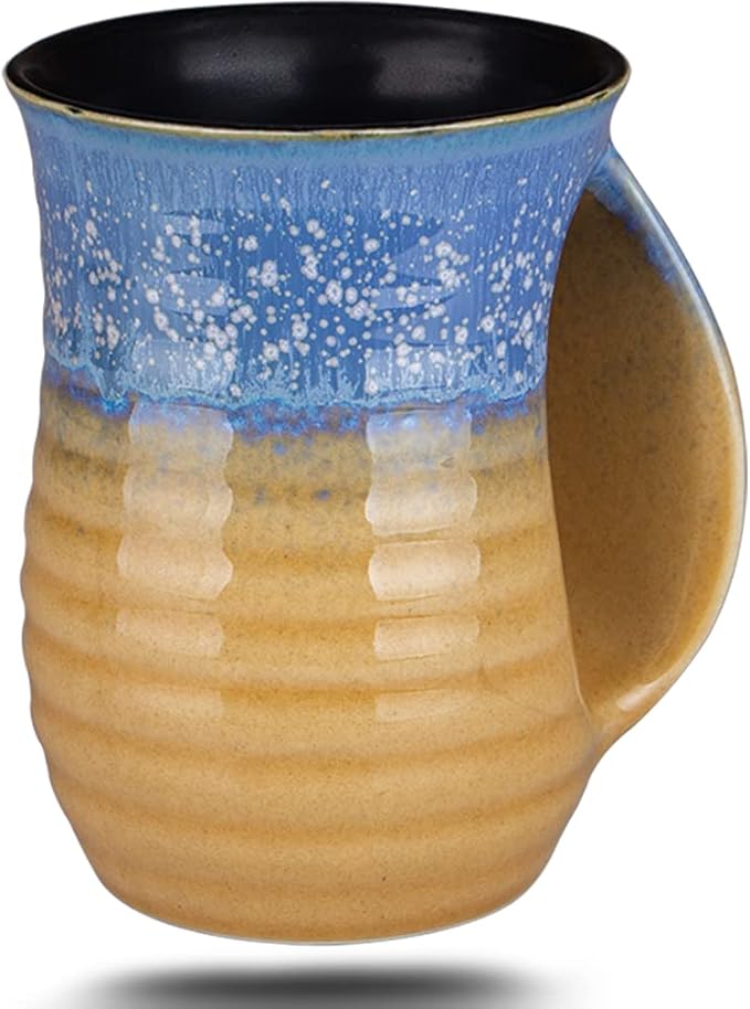 Hand Warmer Mugs Set of 4,16 Ounce Large Hand Warming Mugs Ceramic Gift for Christmas with Contoured Pocket, Keep Your Fingers Warmth(Grey Brown Purple Blue)