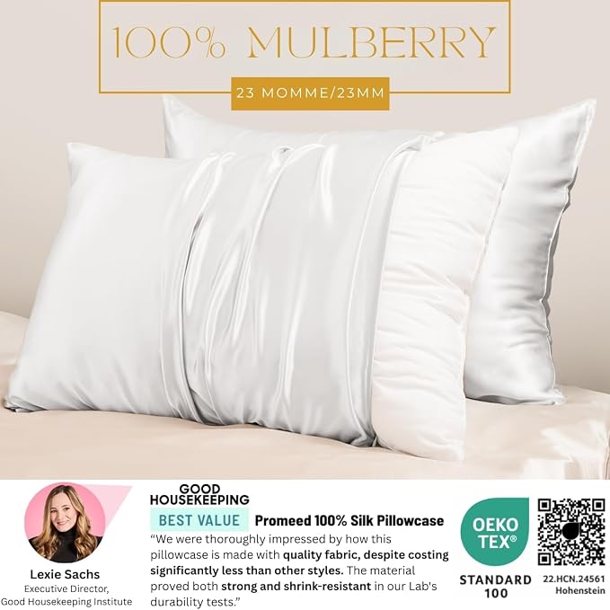 PROMEED 23 Momme White Silk Pillowcase for Hair and Skin, 100% Natural Mulberry Silk Pillow Case for Sensitive Skin, Breathable and Soft Acne Pillowcase (Queen 20"x30", White)