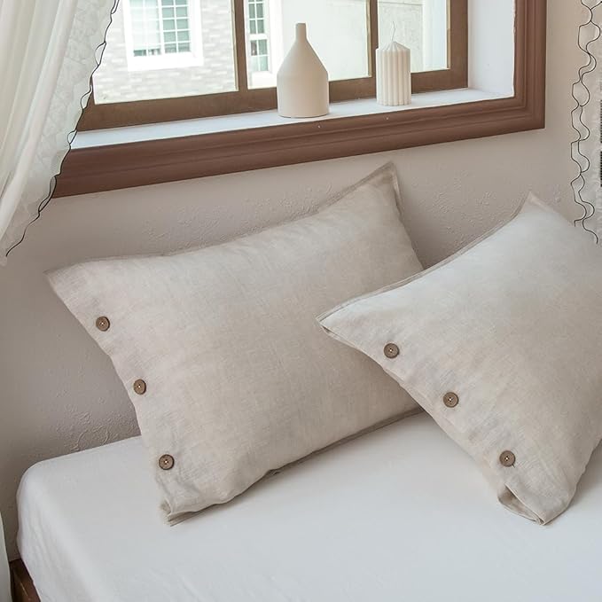 EVERLY 100% Linen Pillowcases Set of 2, French Linen from Normandy, 20X36Inch Standard Size, Natural Color, Coconut Buttons Closure, Flax Pillowshams-Pillowcase-Linen
