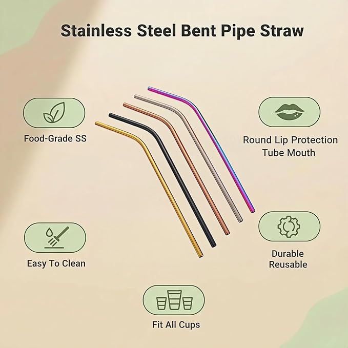 Reusable Stainless Steel Bent Straws, 5 Pack, 8.5 Inch, Food-Grade Metal Drinking Straws with Cleaning Brush, Silver, Black, Rose Gold, Gold, Iridescent