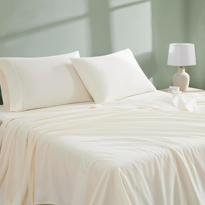 Linen Closet 100% Organic Cotton Queen Sheets Set - 4 Pieces Percale Weave Cooling Bed Sheets for Hot Sleepers - 16" Deep Pocket Fitted Sheet - Crisp, Breathable & Brushed for Softness - Fresh Ivory