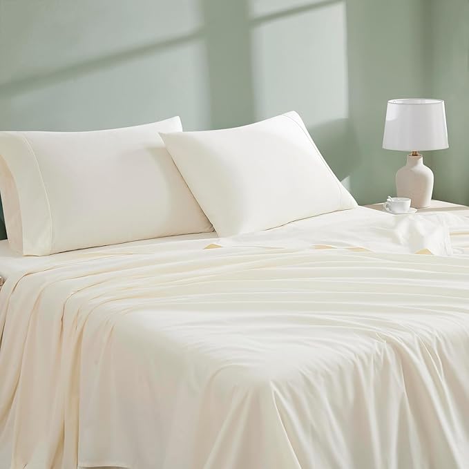 Linen Closet 100% Organic Cotton King Size Sheets Set - 4Pcs Percale Weave Cooling Bed Sheets for Hot Sleepers - 16" Deep Pocket Fitted Sheet - Crisp, Breathable & Brushed for Softness - Fresh Ivory