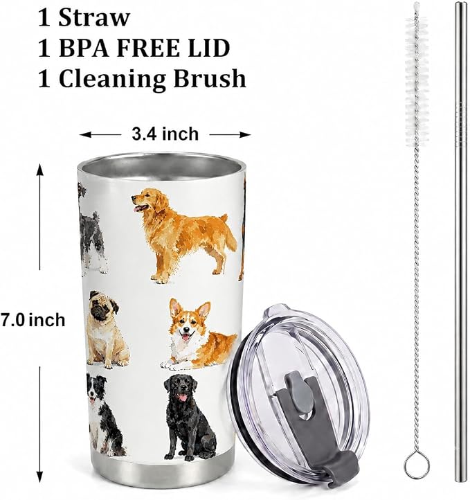 Cute Dog Tumbler, Gift for Women Girls Dog Lovers, 20 oz Stainless Steel Coffee Travel Mug with Straw, Vacuum Cup for Holiday, Birthday, Thanksgiving and Christmas