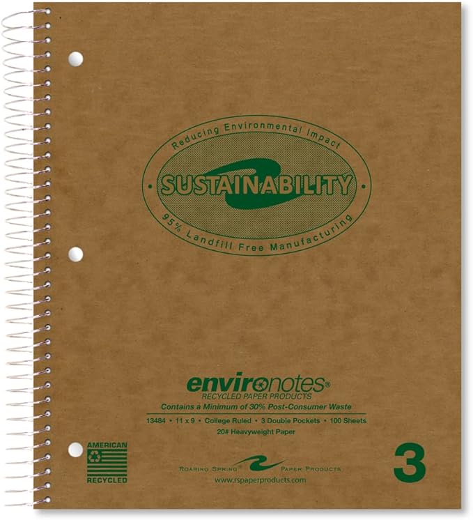 ROARING SPRING Environotes Recycled Spiral Notebook – 24 Pack, 11" x 9", Three Subject, 100 Sheets, College Ruled Perforated Heavyweight 20 lb Paper, 3 Double Pocket, Made in USA