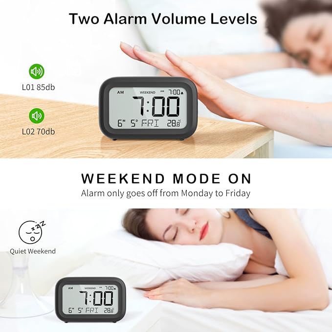 DOOMAY Digital Alarm Clock Bedside - Battery Powered Clock with LCD Display Volume Adjustable Snooze and Weekend Mode for Bedroom Office Desk Travel - Black