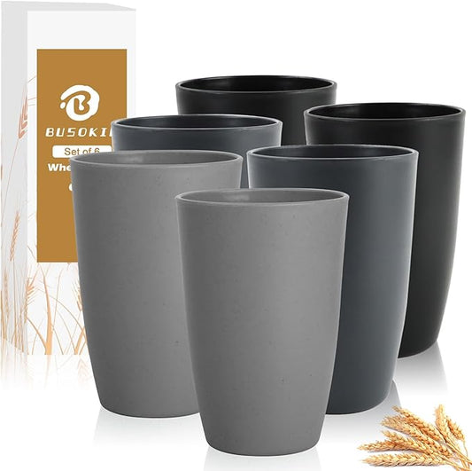 Wheat Straw Cups 20 OZ Set of 6, Unbreakable Drinking Cup Reusable, Alternative to Plastic Cups Reusable, Kitchen Water Tumblers Dishwasher and Microwave Safe (Black, Grey)