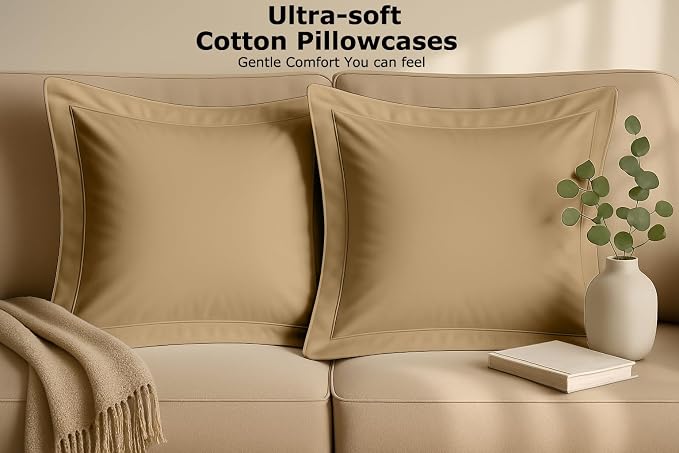 2 Pack Euro Pillow Shams 28x28 – 600 Thread Count 100% Organic Cotton Taupe Square Pillow Covers with 2 Inch Flange, Soft & Smooth Premium Hotel-Quality Pillowcases Set of 2