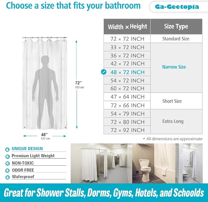 Ga-Geetopia Narrow Size EVA Clear Shower Curtain Liner, Pebble Pattern 48x72 Inch Lightweight Plastic Bathroom Shower Showroom Inner Curtain with Rustproof Metal Grommets and Weighted Magnets