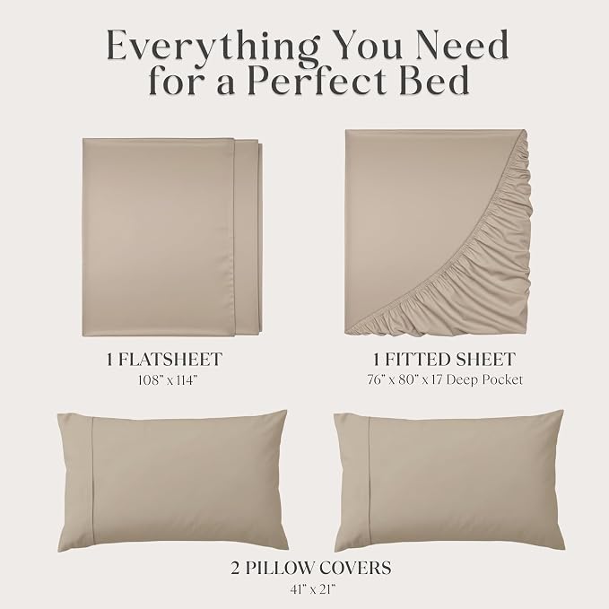 Delilah Home 100% Organic Cotton King Flat Sheet Set, GOTS & Vegan.org Verified, Long Stem 300 TC Sateen Bedding, Non-Synthetic, Deep Pocket Fitted Linen, Lightweight, All-Season, 4 Piece Set - Beige