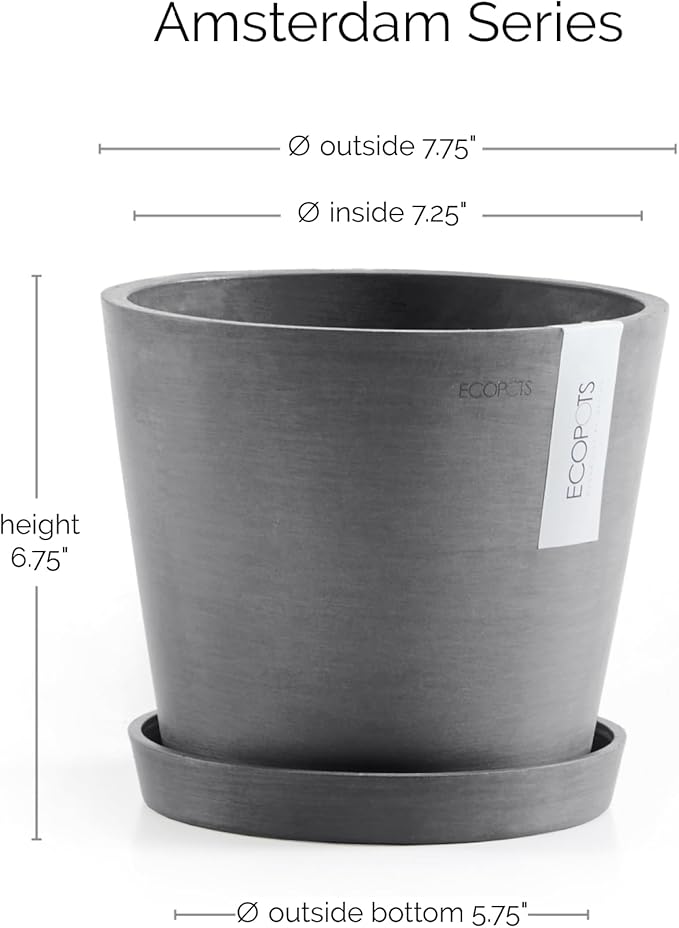 Ecopots Amsterdam Durable Modern Round Indoor/Outdoor Recycled-Based Composite Flower Pot Planter w/Water Reservoir, Grey, 8"