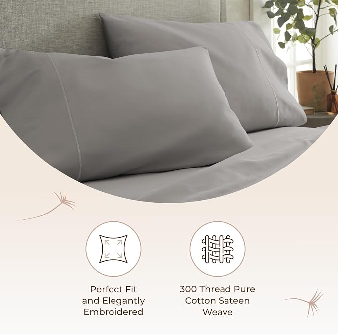 100% Organic Cotton Pillow Cases Queen Size Set of 2-100% Cotton Pillowcases GOTS Certified 300 Thread Count - Naturally Cooling Comfortable Breathable & Soft Pillow Cases (Classic Grey, Queen)