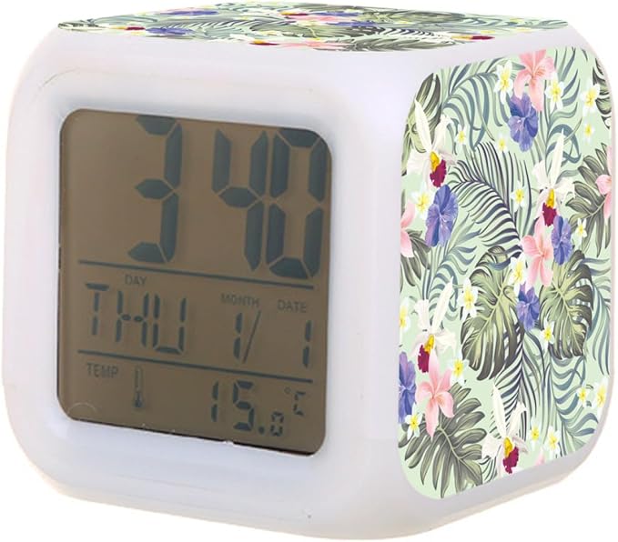 Digital Alarm Clock,Orchid Flower with Tropical Palm Leaf 7 Color Change LED Digital Alarm Clock with Date Thermometer for Toddlers,Girls and Boys