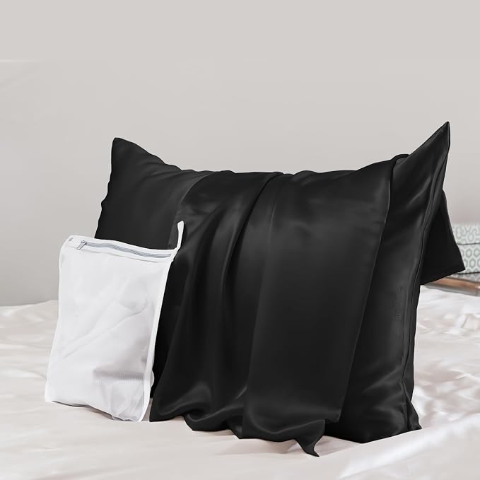 PROMEED Upgraded Grade 6A+ Black Silk Pillowcase with Zipper, 23 Momme Natural Mulberry Silk Pillow Cases for Hair and Skin - Easy Care with Free Laundry Bag (Standard 20"x26", Black)