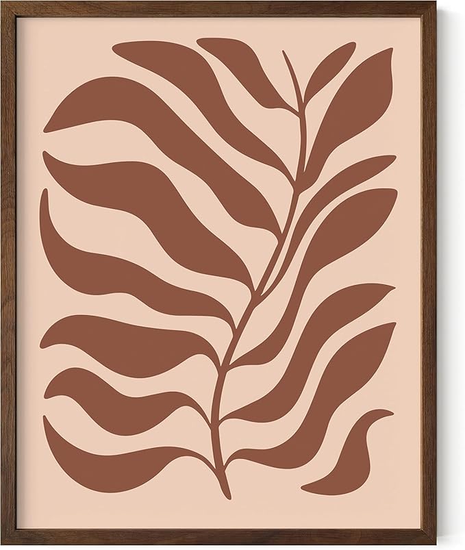 Abstract Organic Leaf Silhouette Wall Art Botanical Shapes Earth Tones Terracotta Mid Century Modern 11x14 Inch Oak Wood Walnut Framed Minimalist Print for Bedroom Decor