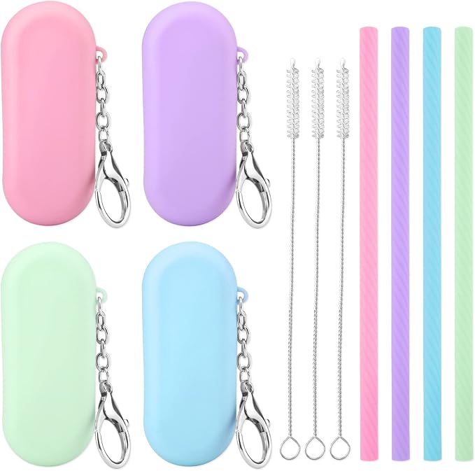 Prasacco 4 Sets Silicone Reusable Straws with Case - Foldable, Portable Drinking Straws for Travel and Party