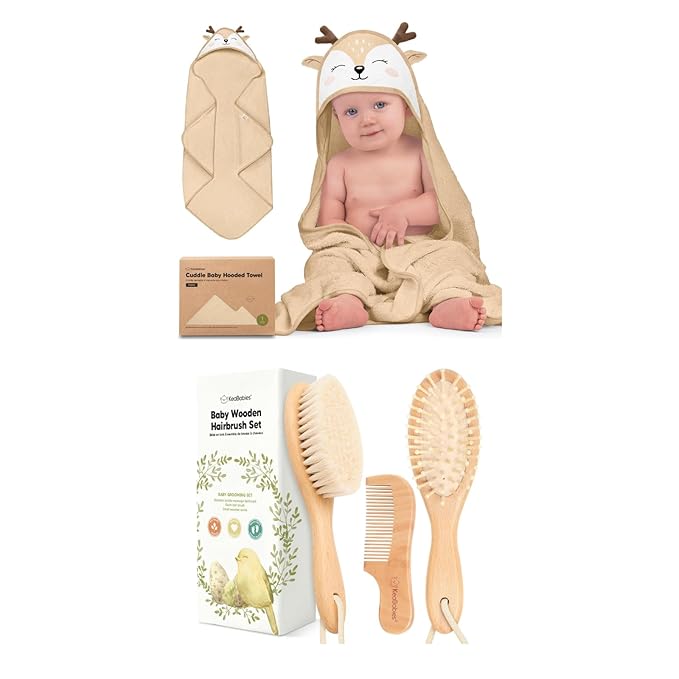 KeaBabies Baby Hooded Towel and Baby Hair Brush and Comb Set - Soft Bath Towels with Hood for Toddlers, Wooden Brush with Soft Goat Bristle for Girls, Boys, Toddlers