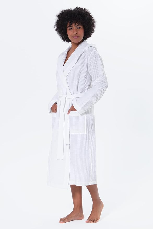 SEYANTE Women's Organic Cotton Waffle Kimono, Hooded Robe – GOTS Certified Lightweight Full-Length Spa Bathrobe with Piping