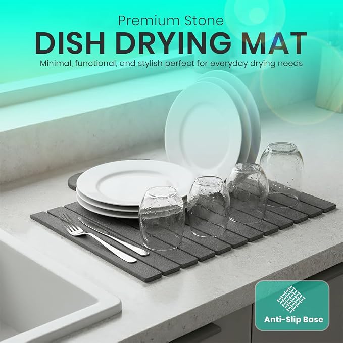 Premium Stone Dish Drying Mat – Large Foldable Kitchen Counter Mat, Super Absorbent Diatomaceous Earth with Coasters, Brush & Anti-Slip Pad – Fast Drying, Dark Gray