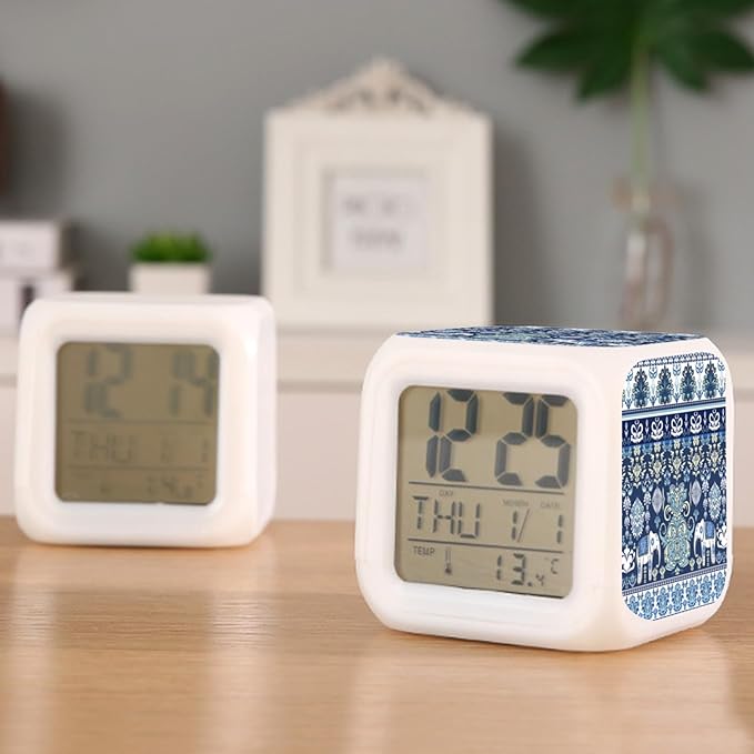 Digital Alarm Clock,Blue Elephants 7 Color Change LED Digital Alarm Clock with Date Thermometer for Toddlers,Girls and Boys
