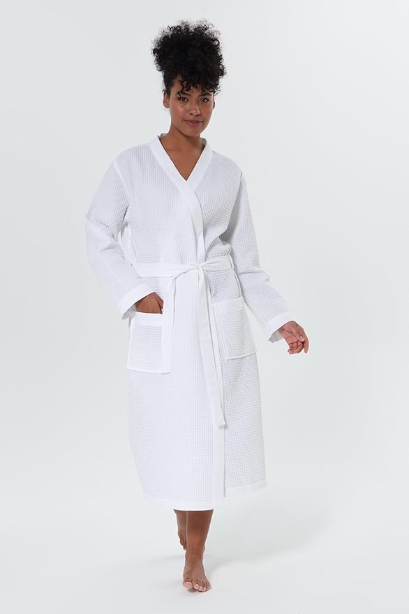 SEYANTE Women's Organic Cotton Waffle Kimono, Hooded Robe – GOTS Certified Lightweight Full-Length Spa Bathrobe with Piping