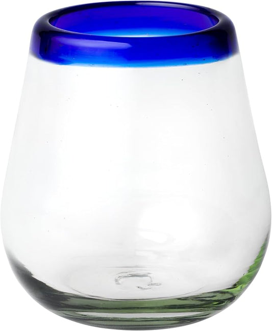 10 Strawberry Street Cobalt Rim Stemless Wine Handblown Mexican Glass, Set of 6