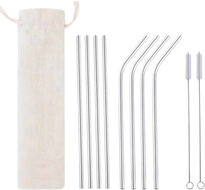 Heavy Duty 304 Stainless Steel Reusable Straw Set, 8 Pack Multi-Color Smoothie Straws with Travel Pouch & Cleaner, Dishwasher Safe Eco- (Silver-beige bag,8pc)