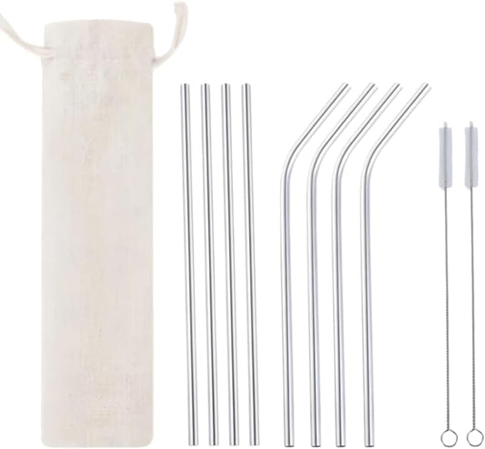Heavy Duty 304 Stainless Steel Reusable Straw Set, 8 Pack Multi-Color Smoothie Straws with Travel Pouch & Cleaner, Dishwasher Safe Eco- (Silver-beige bag,8pc)