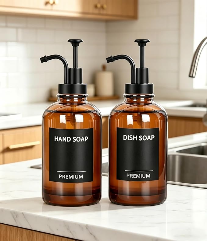 Amber 18 Oz Dish Soap Dispenser for Kitchen, Ultra-Thick Glass Soap Dispenser Set with Tray, Pump, Funnel for Bathroom, Liquid, Lotion, Shower, Laundry, (2 Pack with 12 Stickers)