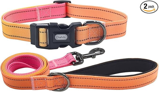 Dog Collar Leash Set, Gradient Color, with Safety Reflective Strips, 5 ft Matching Leash, Neoprene Padded Handle, Adjustable 4 Sizes for Small Medium Large Dogs.(S, Orange Pink)