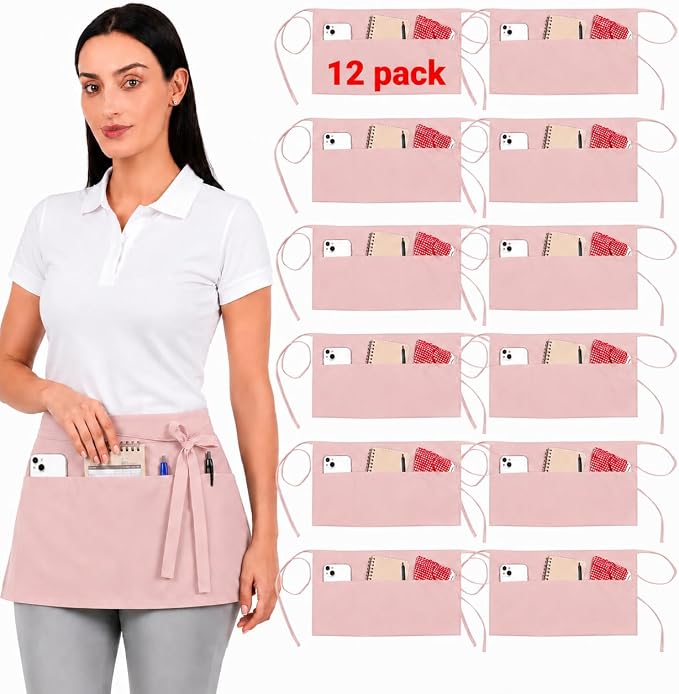 Waist Apron with 3 Pockets Waterdrop Resistant Premium Cotton Waitress Apron 10 Color Option Server Apron Chef Apron (POWDER PINK, PACK OF 12)