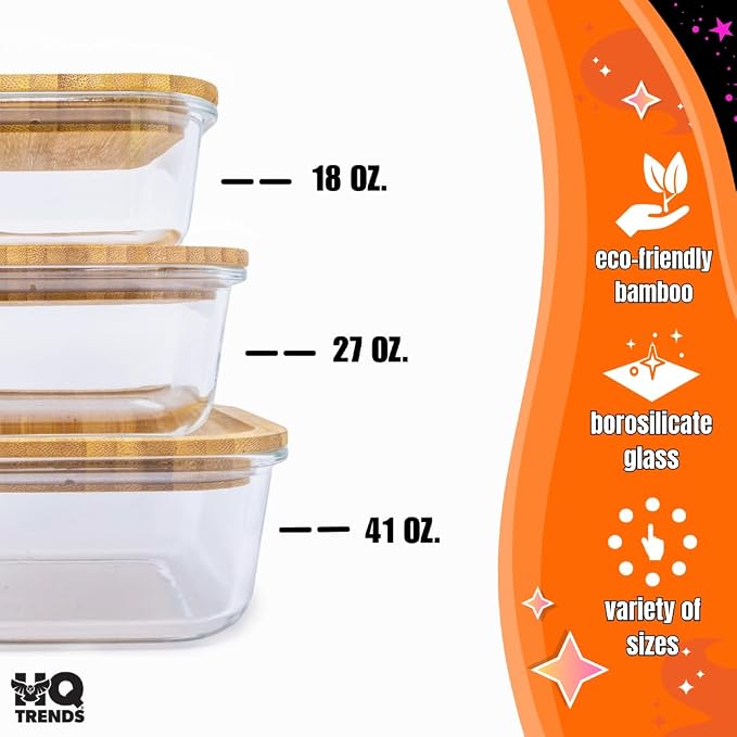 HQ Glass Container/Containers with Natural Brown Wooden Bamboo Lid Eco Friendly Storage Airtight 41 oz Square Baking Dish for Cooking Kitchen Storage Refrigerator Boxes Bakeware for Kitchens 1200 ML