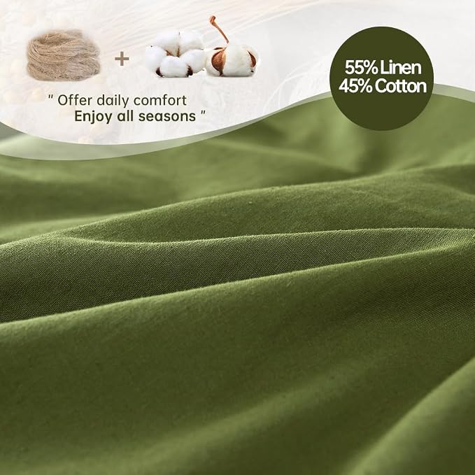 Simple&Opulence French Linen Duvet Cover Set 68" x 86"- 2 Pieces (1 Comforter Cover,1 Pillowcase)- Natural Flax Cotton Blend-Solid Color Breathable Farmhouse Bedding-Forest Green, Twin