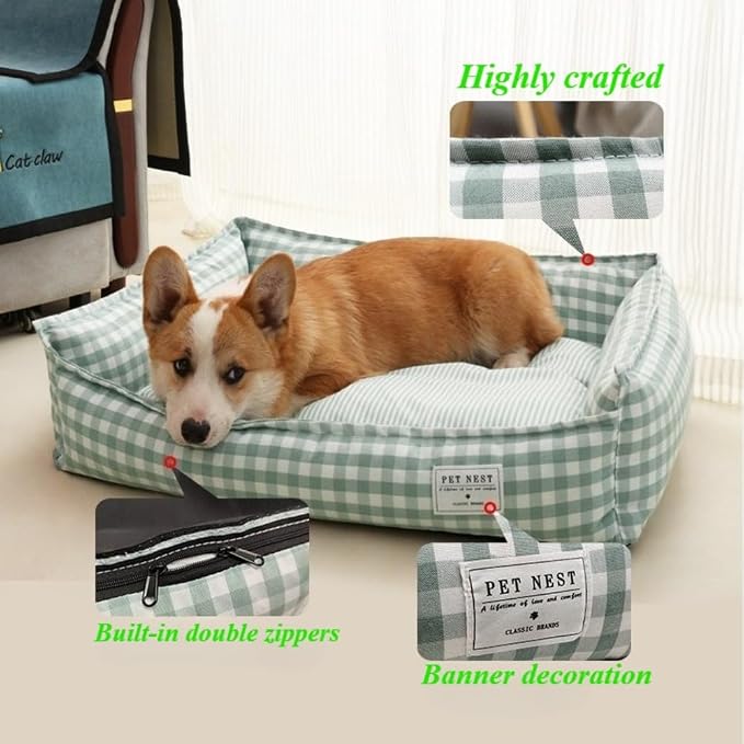 Orthopedic Rectangle Dog Bed for Medium Small Dogs, Plaid Plush Modern Puppy Sofa Bed with Anti-Slip Bottom, Cute Calming Pet Bed(Khaki,Large)