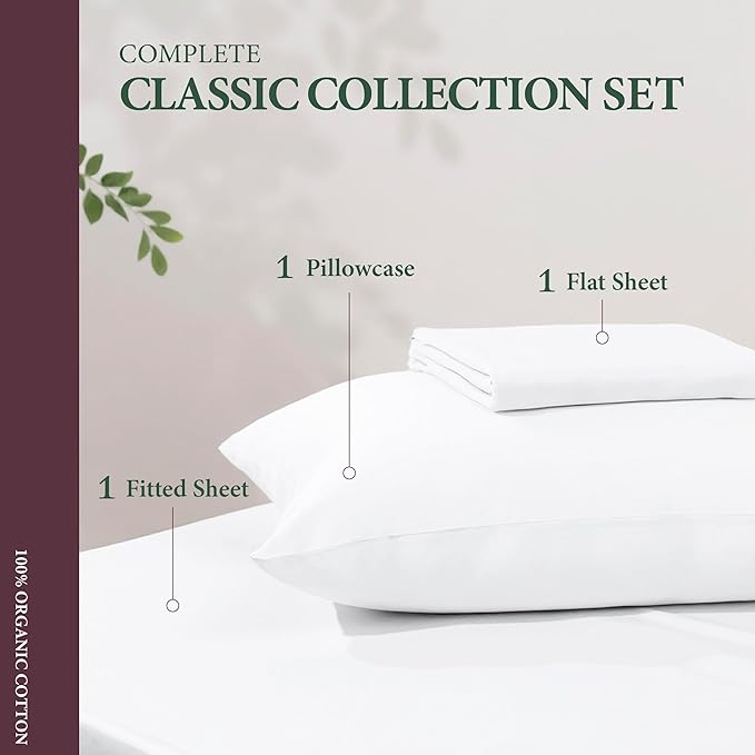 100% Organic Cotton Sheets Twin Size - Organic Cotton Twin Size Percale Weave Sheet Set (3 PC, White), Soft, Cooling, Crisp & Breathable, 16" Deep Pocket Hotel Quality Bedding Set