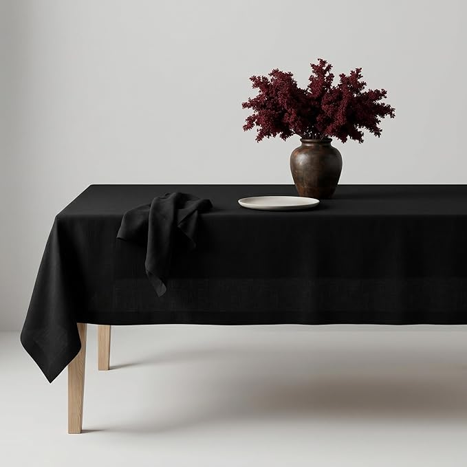 Solino Home Linen Black Tablecloth 60 x 108 Inch - 100% Pure Linen Rectangular Tablecloth - Machine Washable Table Cloth - Fete