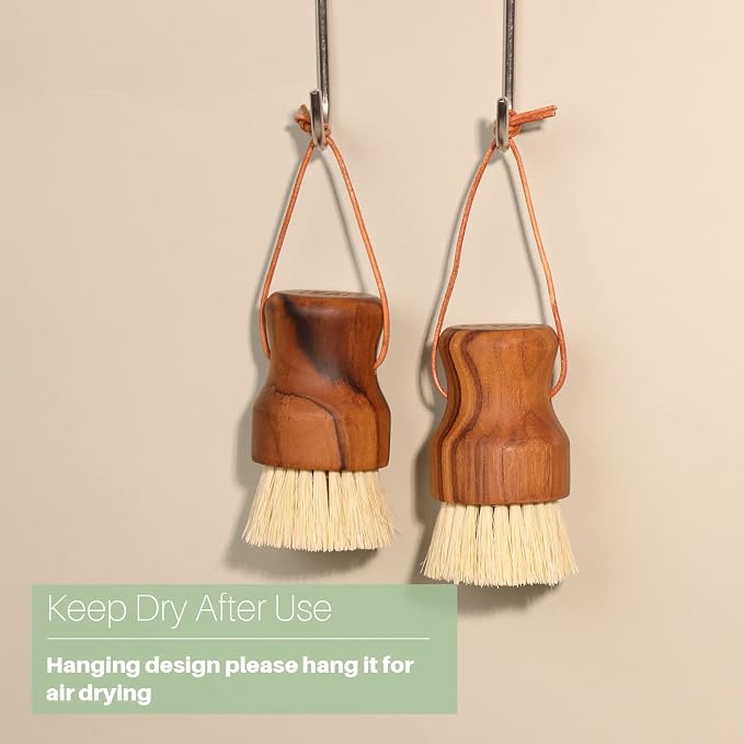 HTB Teak Wood Dish Scrub Brush 3PCS,FSC-Certified | Small Wooden Dish Brush with Teak Handle & Sisal Bristles for Kitchen,Cleaning Scrubbers Set for Pan,Pot,Vegetable,Fruit