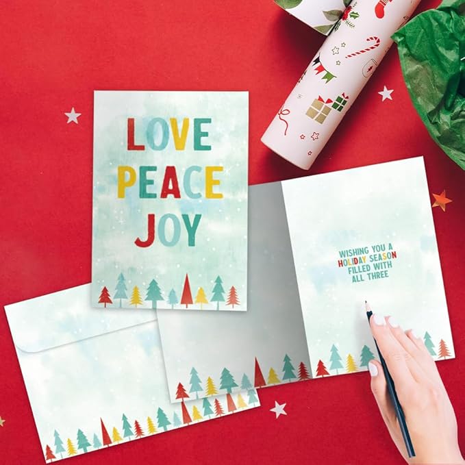 Tree-Free Greetings Holiday 10 Pack with Matching Envelopes, Eco Friendly, Made in USA, 100% Recycled Paper, 5"x7", Love Peace Joy (HB54436)