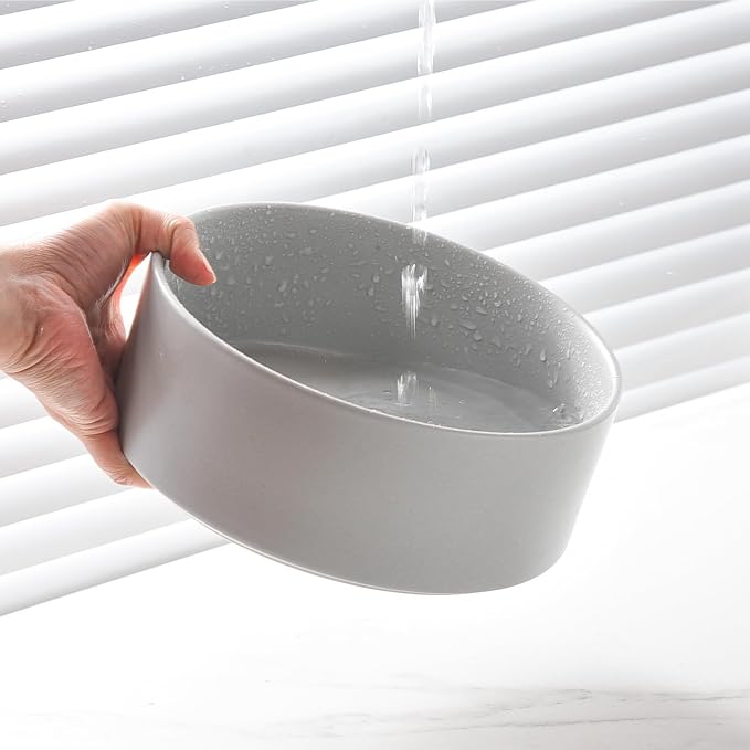 Elevated Ceramic Dog Bowl Set - Raised Dog Bowls with Non Slip Bamboo Stand, Food and Water Bowl Set for Kitty, Cats and Toy Breed Dogs, Pet Bowls, Weighted Dogs Dishes (5.1'', 2*16OZ, Grey)
