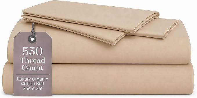 ORGANIC TEXTILES Premium Quality Bed Sheets - Organic Cotton 550 Thread Count - GOTS Certified - Twin, (3 Pc. Set) - Sand