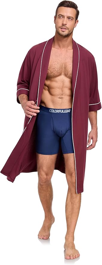 COLORFULLEAF 100% Cotton Men’s Summer Bathrobe Lightweight & Breathable Short Sleeve Kimono Robe with Pockets