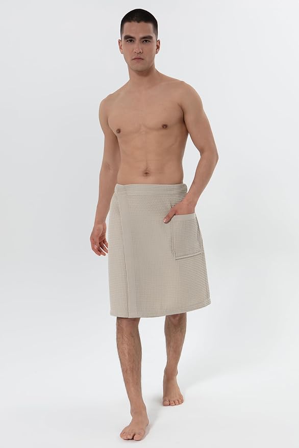 SEYANTE Men's Organic Waffle Spa Wrap – GOTS Certified 100% Turkish Cotton, Adjustable Closure, Same-Color Piping