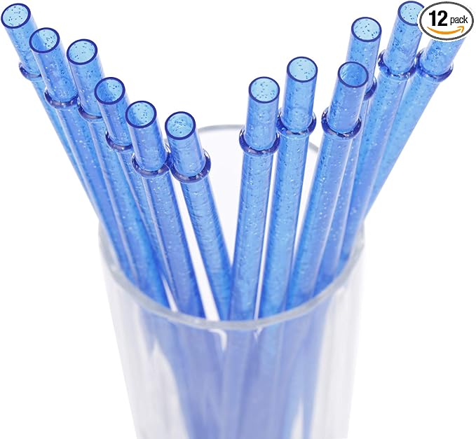 Dakoufish BPA-Free 12 Piece 11 Inch Reusable Clear Plastic Glitter Sparkle Drinking Straw Plus one Cleaning Brush (Blue,11inch)