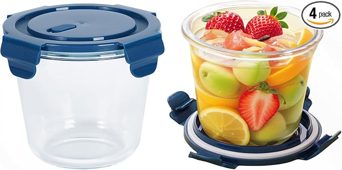 Reusable Round Glass Meal Prep Containers With Lids (4 sets) - 25oz/ 3 Cup Food Storage Containers With Lids - Airtight Microwave Safe Lunch & Soup Containers Glass - Ideal for Meal Prep