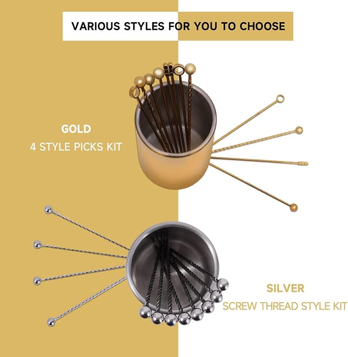 Lexenic 12-Piece Cocktail Picks Set with Holder, Premium 304 Stainless Steel Martini Skewers, Reusable Garnish Sticks for Olives, Appetizers & Fruit (4 Styles Golden)