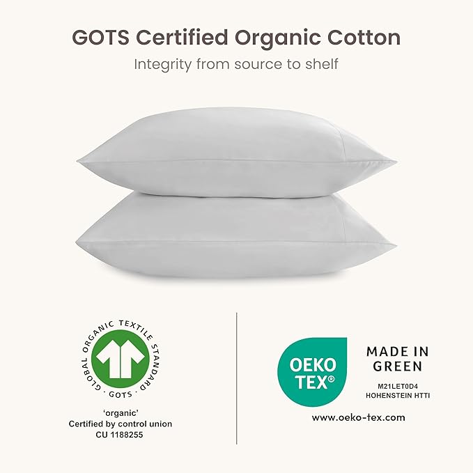 Bioweaves 100% Organic Cotton Envelope Pillow Cases 300 Thread Count Soft Sateen Weave GOTS Certified – 20 X 37, Set of 2, Glacier Grey