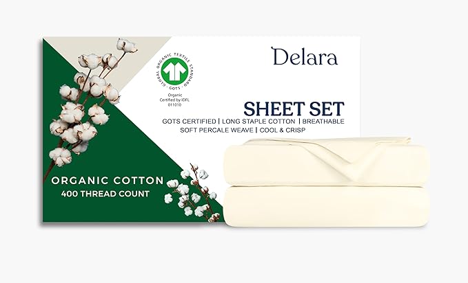 100% Organic Cotton Percale Weave Sheet, 400 Thread Count GOTS Certified, Smooth & Moisture-Wicking, Soft & Silky Breathable Bedding (Ivory, King - 4 Piece with Flat Sheet)