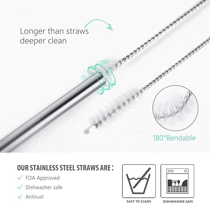 Teivio 8 Pack Short Stainless Steel Straws 6 inch Bent Metal Reusable Straws with Silicone Tips and Case, Cleaning Brush and Carry Bag for Cocktail Glasses, Small Cups