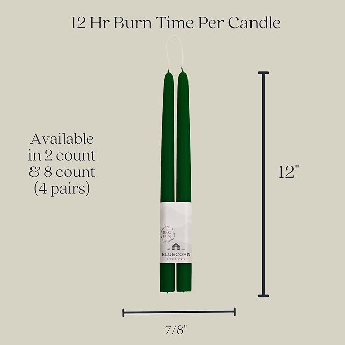 Bluecorn Beeswax Taper Candles, 100% Pure Natural Bees Wax, Pair of 12 Inch Moss Green Tapered Candlesticks, Clean Burning & Dripless, Fragrance Free, Long Lasting, Home Decor, American Made, 1 Count