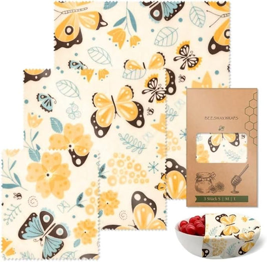 Beeswax Wraps Butterfly Reusable Beeswax Food Wrap Wrapping Paper 3 PCS Set Swich Bees Wax Paper for Covering Food Bowls